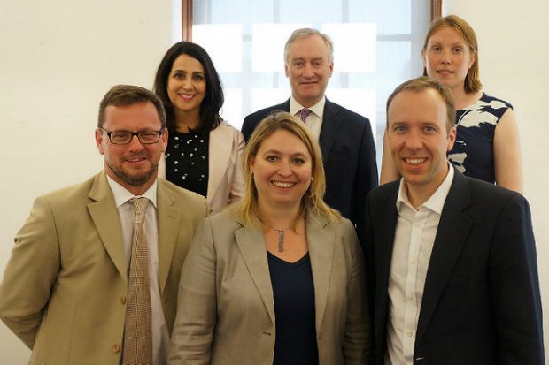 DCMS ministerial team. From left to right: Rob Wilson MP, Baroness Joanna Shields, Karen Bradley MP, Lord Ashton of Hyde, Matt Hancock MP, and Tracey Crouch MP. Photo credit: DCMS