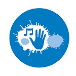 Graphic of a handprint, a music note and paint splotches. The culture icon for Libraries Deliver