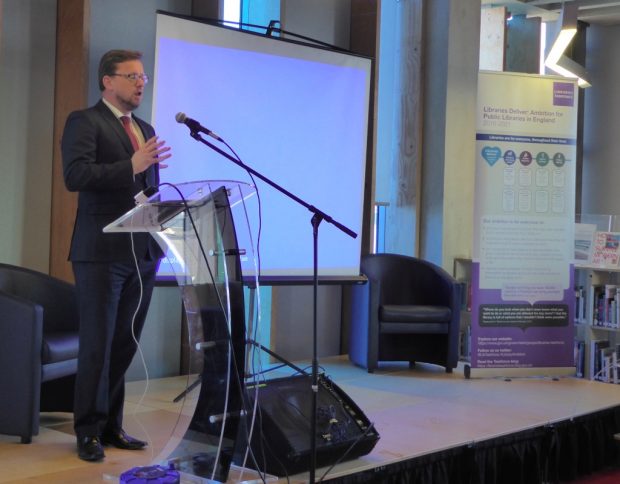 Rob Wilson speaking at the forum in Whitechapel. Photo credit: Julia Chandler/Libraries Taskforce