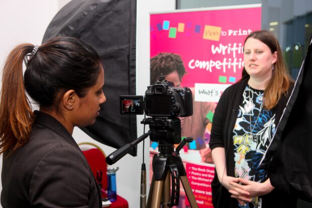 Claire Buss being filmed for the Pen to Print YouTube Channel. Photo credit: Express Photos