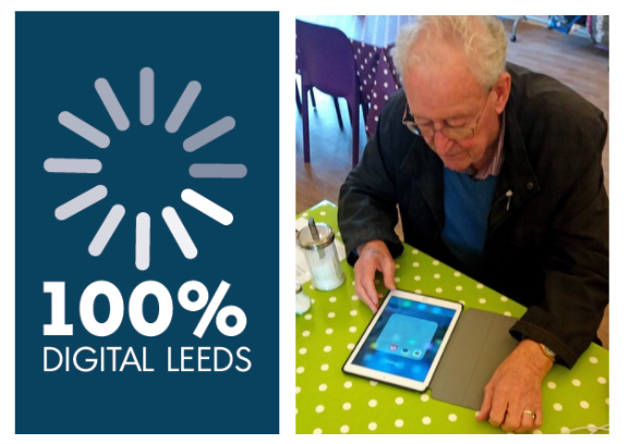 2 photos - the 100% Digital Leeds logo, and a man using a tablet computer