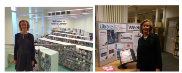 Kathy in Pimlico library. Photo credit: Julia Chandler/Libraries Taskforce. And (right) Kathy in Wimbledon library. Photo credit: member of the Wimbledon library team