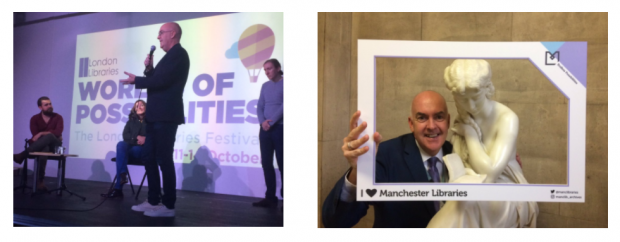 Neil MacInnes in Wimbledon library (left) and Manchester central library (right)