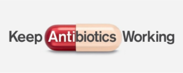 Photo of a pill with the words Keep Antibiotics Working on it