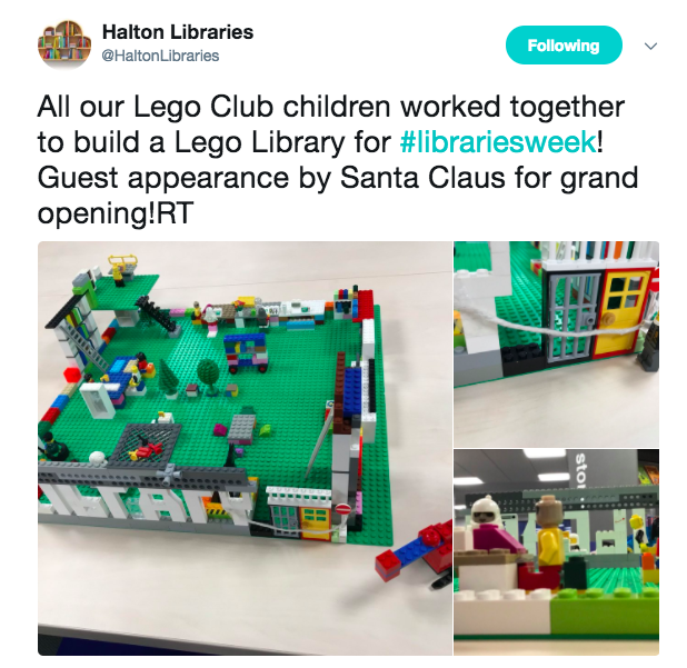 screenshot of tweet showing library built of lego