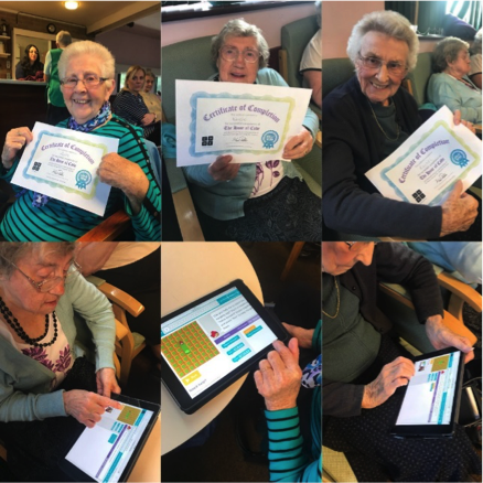 Photos of participants with their certificates and coding on tablets.