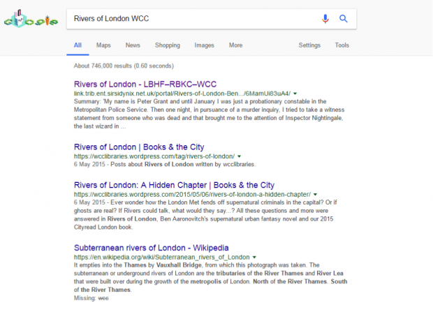 Screenshot - showing library catalogue entries for the book Rivers of London appearing in a google search result