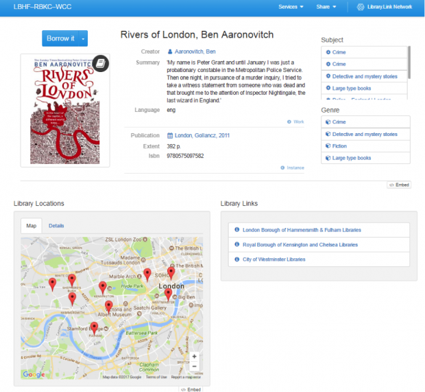 Screenshot of Library Link page of Rivers of London by Ben Aaronovitch. It has a picture of the book cover and map of libraries where the book is.