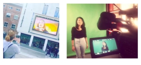 Photos of a big screen on the outside of a building and a woman being filmed in front of a green screen.
