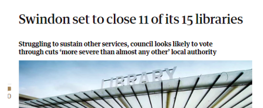 screenshot of newspaper headline about Swindon. The tagline reads struggling to sustain other services, council looks likely to vote through cuts 'more severe than almost any other' local authority.