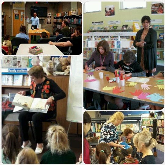 Image shows authors in libraries: Bali Rai in St Helens, Sita Brahmachari in Sheffield, Helen Moss in Essex and Gillian Cross in Devon.