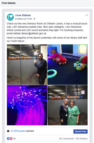 Screenshot of a Facebook post which has some photos of the sensory room