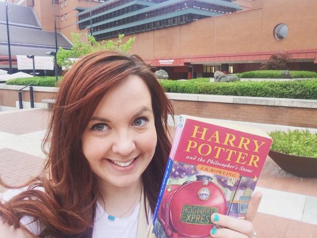 Linda at the British Library with a copy of Harry Potter and the Philosopher’s stone. Photo credit: Linda Bloomfield