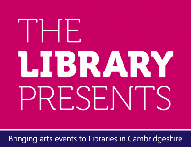 Logo with tagline. The Library Presents: bringing arts events to libraries in Cambridgeshire