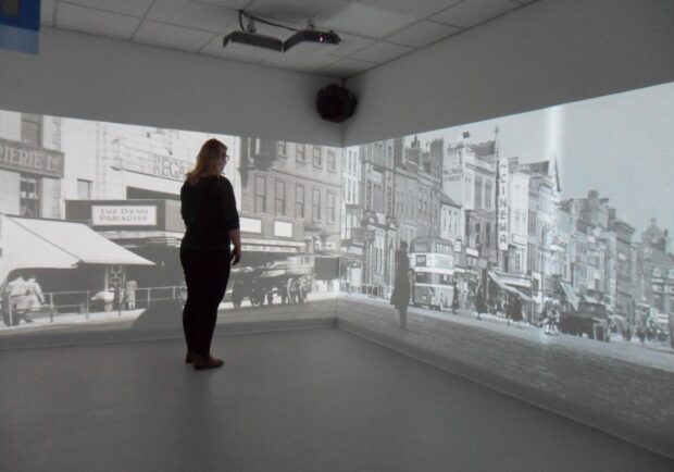 Photo of historical films being shown in the Imagination Station in Thornaby library.