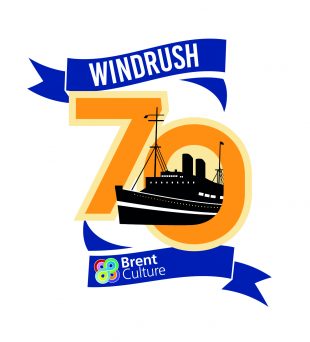 Windrush 70 logo - a large ship coming through the number 0