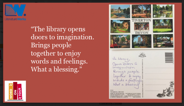 Screenshot from a presentation which displays a selection of the cards. The quote reads "The library opens doors to imagination. Brings people together to enjoy words and feelings. What a blessing."