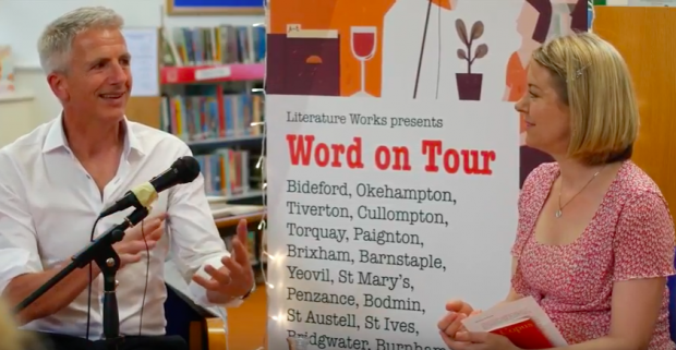 Patrick Gale and Julia Copus, in Nether Stowey library. Photo credit: from a film made by Literature works