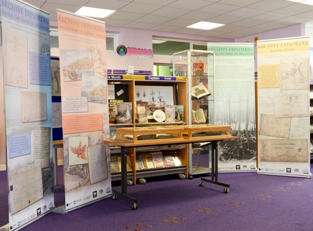 Photo of a display showing archive documents