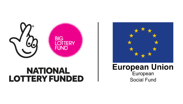 on the left hand side is the Big Lottery logo, which consists of an outline drawing of a hand with fingers crossed, and on the right hand side is the European Union flag - a circle of gold stars on a blue background - as the logo of the European Union Social Fund