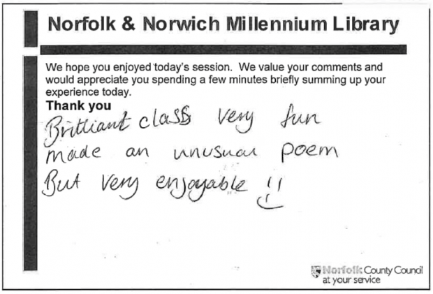 One of Norfolk libraries old data collection forms, with handwritten comments saying a class was very enjoyable