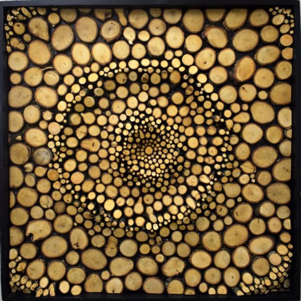 an artwork made of concentric circles of slices of trees