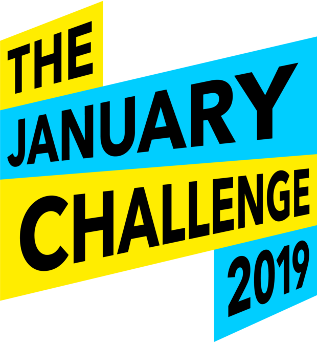 Logo for the January challenge 2019 - text over alternating bands of bright blue and yellow