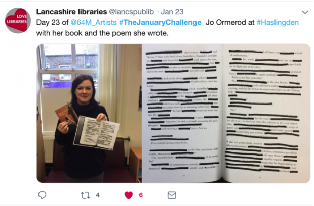 Screenshot of a tweet from Lancashire libraries including a photograph of a participant with her creation - a book in one hand, and the poem she wrote based on it in the other. The tweet reads Days 23 of @64M_Artists #TheJanuaryChallenge Jo Ormerod at#Haslingden with her book and the poem she wrote.