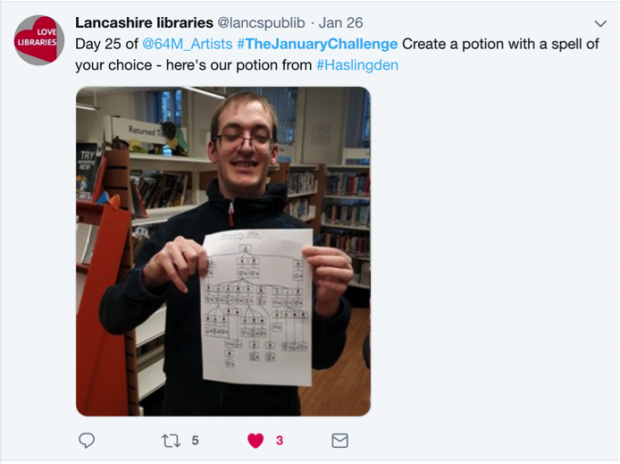 Screenshot of a tweet from Lancashire libraries - with a photo of one participant in the challenge and his creation: a poster with a description of how to make a magic potion. The tweet reads Day 25 of @64M_Artists #TheJanuaryChallenge Create a potion with a spell of your choice - here's our potion from #Haslingden