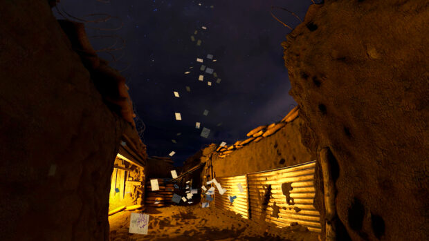 Photo of a trench at night, with a cascade of fluttering postcards