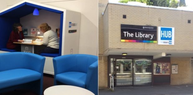 Two photos, on the left, a meeting pod, on the right, Stroud library showing Growth Hub sign above the door