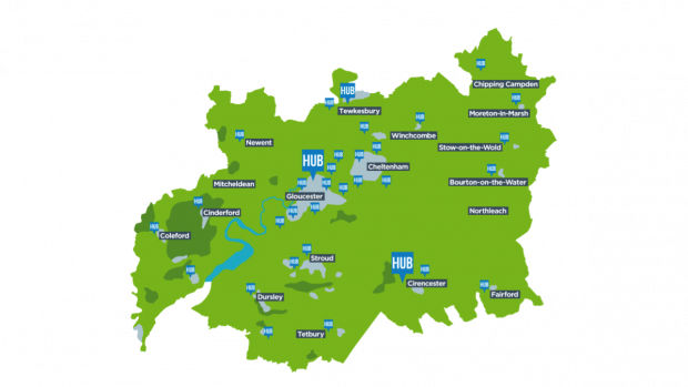 A map showing growth hubs in libraries across Gloucestershire