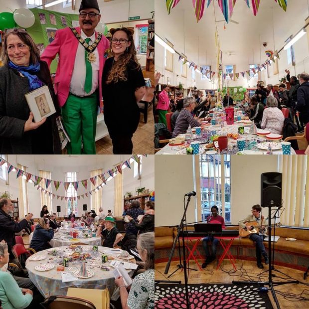 A collage of 4 small photos showing a tea party in the library, people dressed in fancy dress costumed themed to Alice in Wonderland, bunting and cakes.