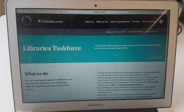 Screen showing the Libraries Taskforce page on Arts Council England's website