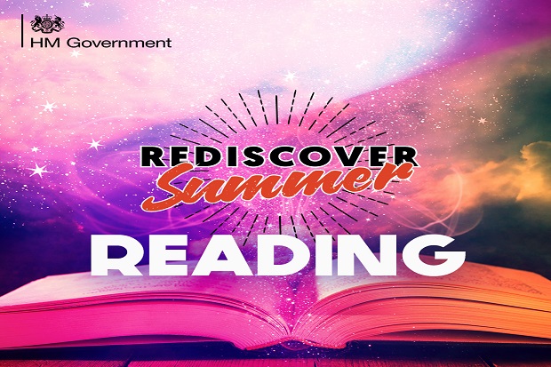 End on view of an open book laying flat, so the viewer can see the ends of the top edges of the pages fanned out. 'Rediscover Summer' and 'reading' in the foreground. Rediscover is black upper case, Summer is red lower case with uppercase s, reading is white bold upper case. Overall background is white, pink. purple, lack and orange smudged together.