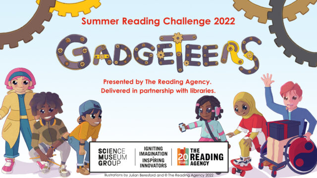 Image shows Gadgeteer characters under a heading of 'Gadgeteers' for Summer Reading Challenge 2022